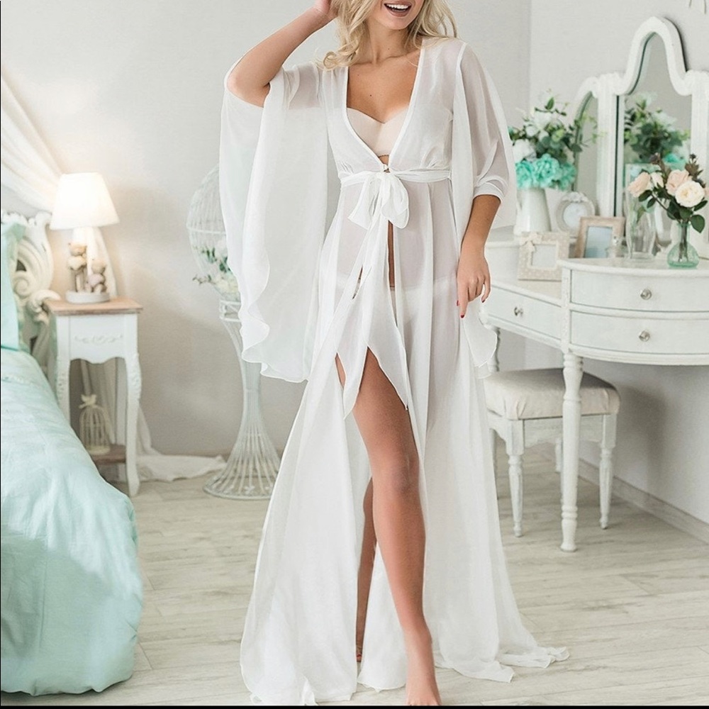 White chiffon bridal robe with bell sleeves/ bridal boudoir/ maternity boudoir